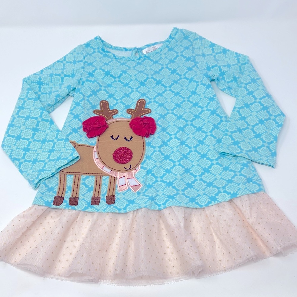 Rare Edition Blue Cream Christmas Reindeer Long Sleeve Ruffle Top Size 4T